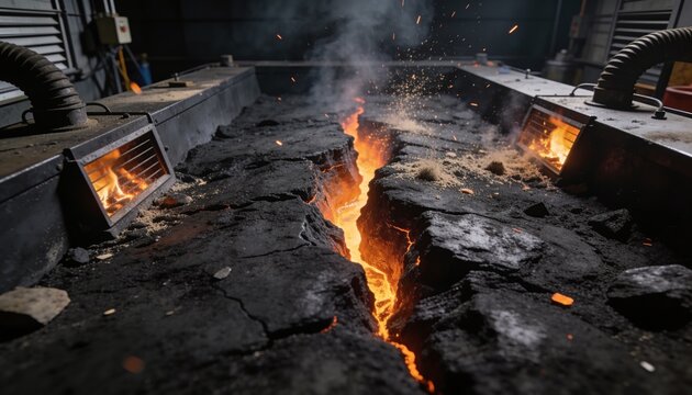 Emitting sparks, molten fissure running through slag bed in plant, with burners and hoses