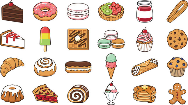 Sweet Dessert and Bakery Cartoon Vector Icon Set with Cake, Donut, Macarons, Ice Cream, Cupcake, Waffles, and Pastries for Cafe Menus and Sticker Designs