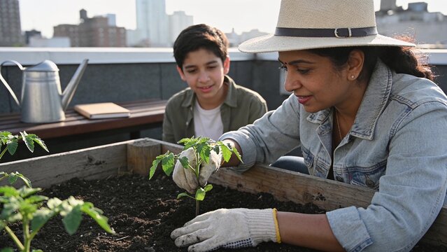 Planting woman wearing straw hat, denim, gloves placing seedling in roof planter, teen watching