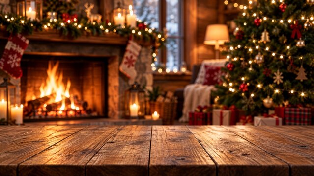 Rustic wooden table with blurred cozy Christmas living room, fireplace, stockings, candles and decorated tree, festive background with copy space
