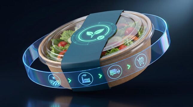 Packaged fresh salad bowl with digital holographic supply chain traceability tracking icons