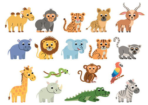 Cute cartoon African animal collection for children, featuring lions, tigers, elephants, zebras, giraffes, rhinos, hippos, crocodiles, gorillas, leopards, hyenas, antelopes, lemurs and camels.