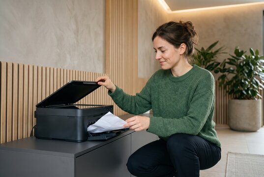 Generative AI, Woman Handling Documents at Multifunction Printer at Home