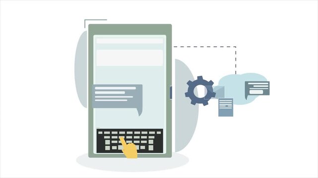 Device text write and chat icon send with online platform, digital device online platform text send, animation concept