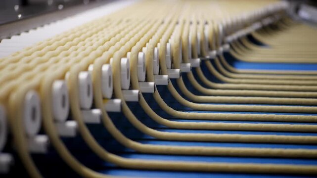 Industrial machine forms uniform dough strands for Italian taralli snacks on a conveyor belt. Automated dough processing at a bakery production line before baking.