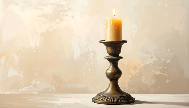Burning candle in an antique bronze candlestick holder on a light background