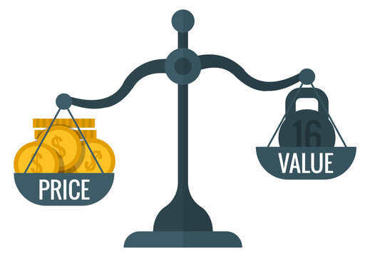 Price and value comparison on balance scales color icon