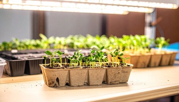 Small green seedlings growing in biodegradable starter trays under bright artificial light for spring gardening.
