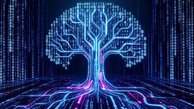 Digital tree of life growing from glowing circuit roots in cyberspace. Cybernetic tree shaped like a human brain processing binary code data streams.