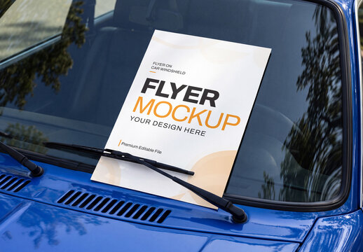 Flyer Mockup on Blue Car Windshield
