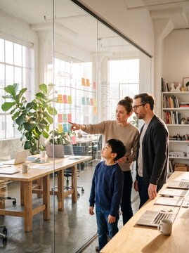 Young East Asian Boy Reviewing Technology Implementation Timeline with Consultants