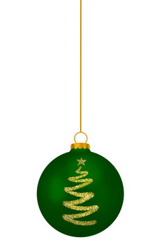Green Christmas Bauble With Gold Glitter Tree Pattern Hanging Isolated. Ideal for Seasonal Holiday Graphics and Festive Decorations