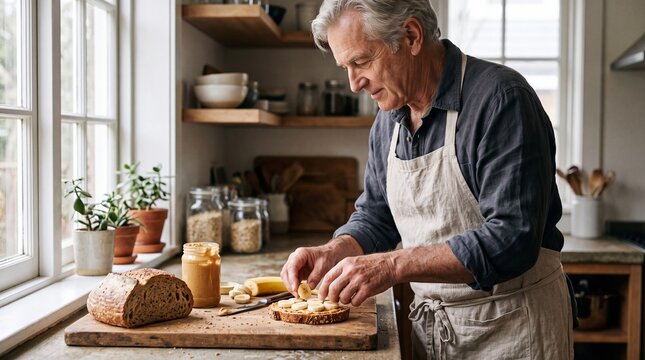 Senior Man Preparing Nutritious Peanut Butter Banana Multigrain Sourdough Toast