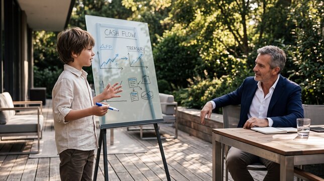 Young Boy Confidently Pitching Financial Treasury Solutions in Sunlit Outdoor Meeting