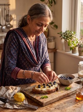 Senior Indian Woman Garnishing Lemon Ricotta Toast With Fresh Blueberries