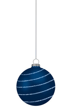 Dark Blue Glossy Holiday Bauble With Silver Spiral Lines Hanging Isolated. Ideal for Seasonal Holiday Graphics and Festive Decorations