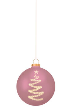 Pink Rose Gold Festive Bauble With Gold Glitter Tree Pattern Hanging On Transparent Background. Ideal for Seasonal Holiday Graphics and Festive Decorations