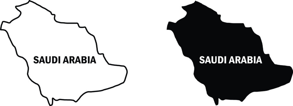 Saudi Arabia Map Vector Set, Outline and Solid Silhouette Geography Map of Saudi Arabia