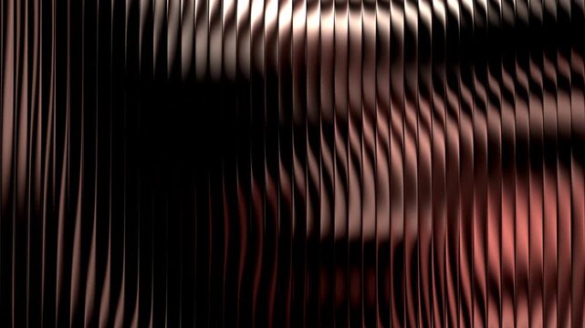 Abstract metallic background with vertical wavy lines glowing brightly with golden copper light reflecting across smooth reflective surfaces during soft movement