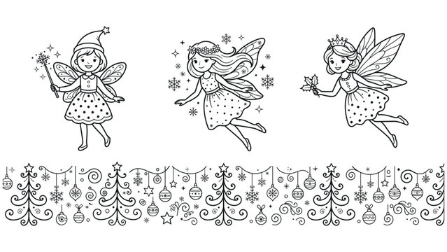 Christmas fairies and winter holiday ornaments decorative border set.