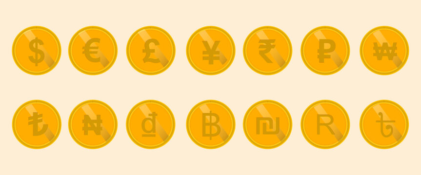 Golden Currency Symbols Coins Vector Set, International Money Signs Dollar Euro Pound Yen Rupee and Global Finance Icons