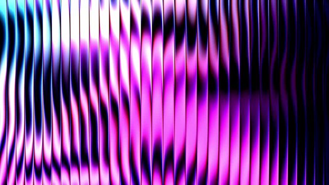 Abstract glowing purple and blue vertical metallic lines moving in rhythmic waves with shiny reflections on dark futuristic neon digital background texture