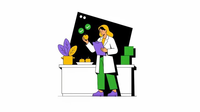 Animated woman in lab coat holding an apple and clipboard