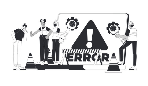 Website under construction line illustration concept. Temporary service disruption. Technical maintenance workers fixing system errors outline 2D characters isolated. Flat cartoon vector art metaphor