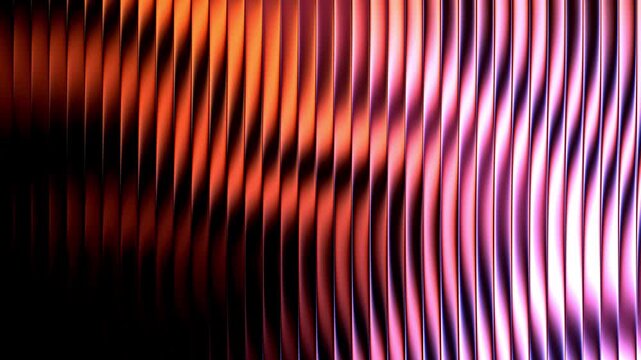 Vertical metallic stripes with smooth gradient lighting reflecting pink and gold colors moving in a continuous fluid wave across the sleek abstract background