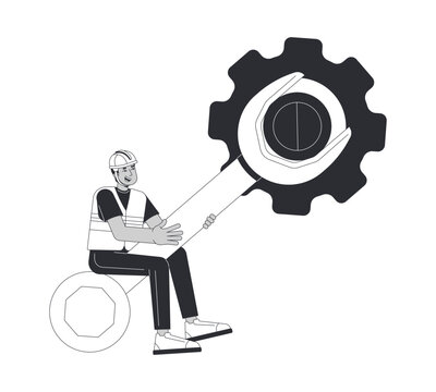 Maintenance internet technician performing system repairs line illustration concept. Hardware configuration. Worker adjusting gear with wrench outline 2D character isolated. Flat cartoon metaphor