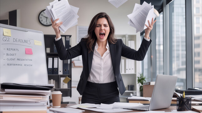 Stressed office worker throwing papers in frustration. Corporate employee screaming due to heavy workload and missed deadlines.