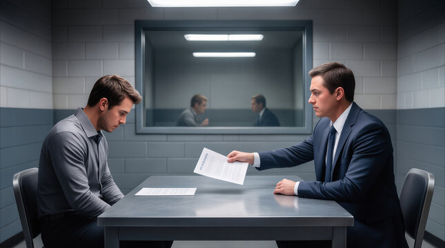 Police detective handing document to suspect during interrogation in high-security room. Legal process and criminal investigation concept.