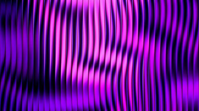 Purple metallic waves rippling smoothly across a glowing abstract vertical striped surface reflecting soft neon light patterns during continuous fluid motion