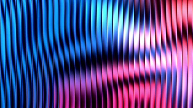Abstract futuristic metallic surface featuring glowing neon blue and pink vertical bars smoothly with dynamic wave motion and vibrant ambient studio lighting