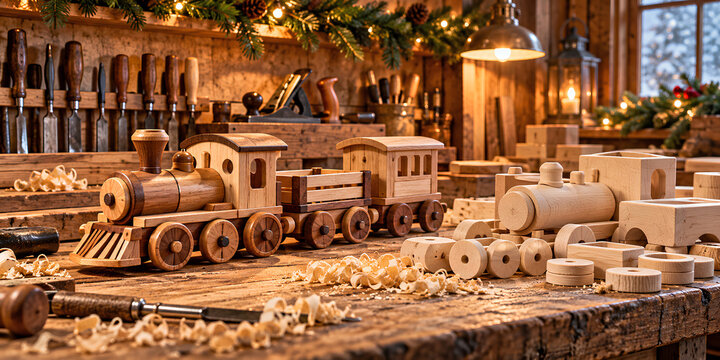 Wooden Toy Train and Unfinished Parts in a Christmas Workshop