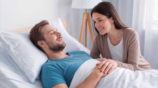 Affectionate bedside companionship offering relief and reassurance to a recovering man lying in a clinic bed