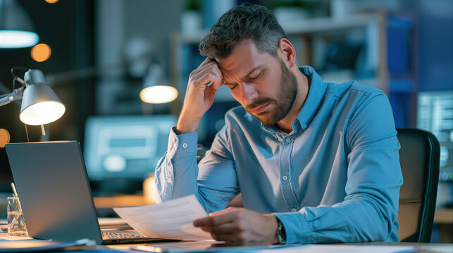 Financial anxiety pressing down on stressed businessman reviewing paper bills late at night