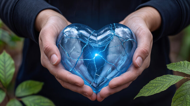 Healing fragile emotions and recovering from heartbreak, hands gently cupping cracked glowing crystal heart outdoors