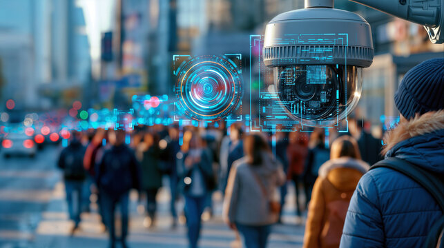 Omnipresent urban surveillance tracking city crowds with digital scanning interface to balance public safety and civil privacy
