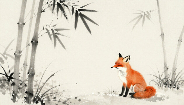 Red fox sitting among bamboo in falling snow, minimalist sumi-e ink wash painting