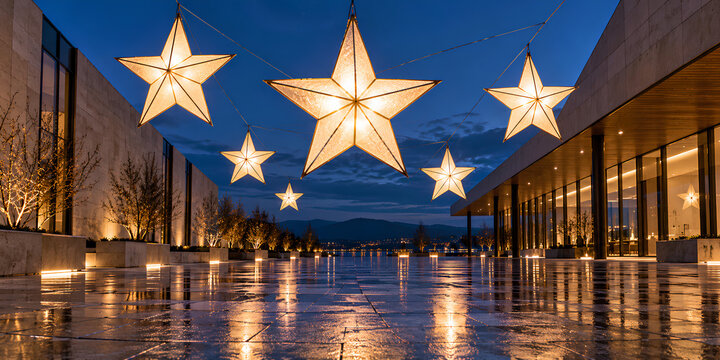 Glowing Christmas Star Lanterns Suspended Above an Empty Plaza