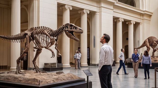 Curiosity bridges eras as museum visitor confronts colossal dinosaur skeleton standing inside neoclassical hall