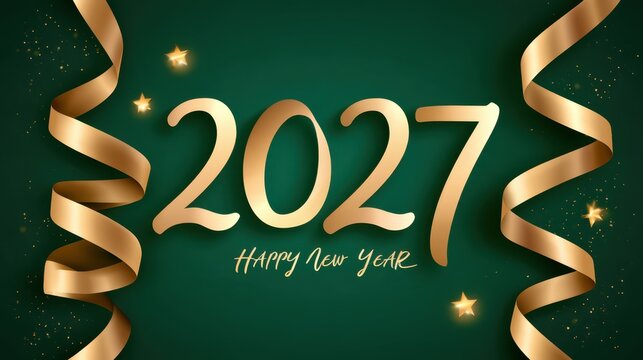 Happy New Year 2027 Greeting Card Design with Golden Ribbon and Stars on Glossy Green Background.