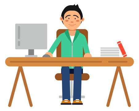 Office worker at computer desk. Corporate job icon