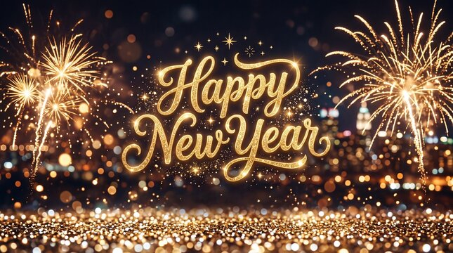 Happy New Year gold script text with golden fireworks and glitter background