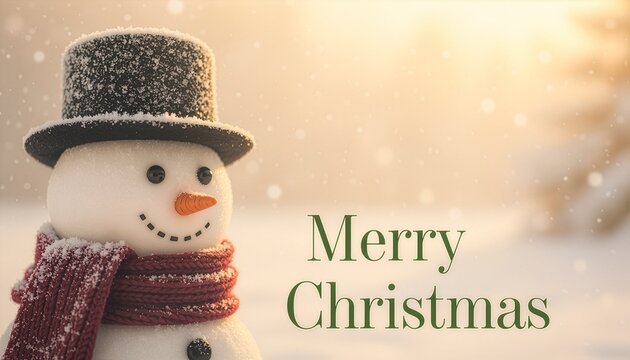 A cheerful snowman wearing a black top hat and a red knit scarf smiles in a snowy winter landscape, featuring the festive text Merry Christmas under warm, soft golden sunlight.