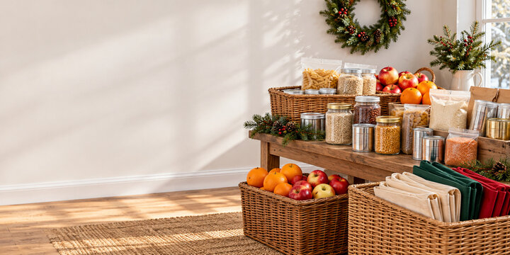 Holiday Giving Concept with Collected Food and Copy Space
