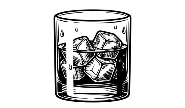 Glass of cold beverage with ice cubes rendered in bold ink art style line pub life service industry on the rocks cocktail refreshment