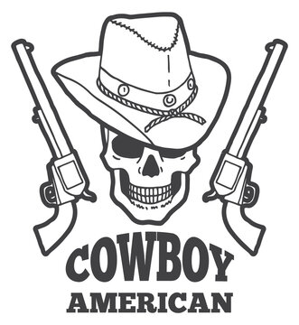 American cowboy tattoo with skull in hat and loaded revolvers