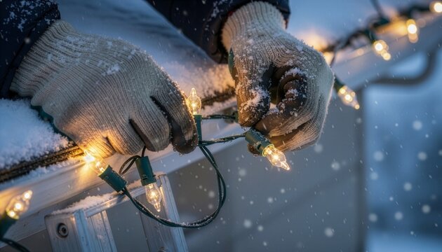Close-up of hands in winter gloves installing warm string lights on a snow-covered house roof gutter during a gentle evening snowfall, creating a cozy holiday preparation concept.